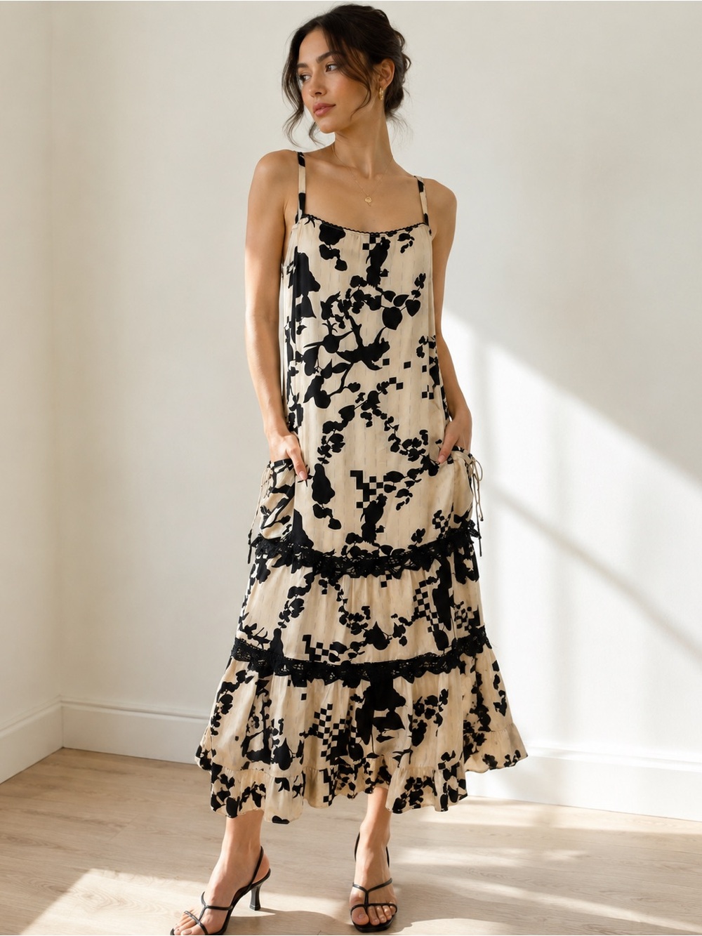 Anthropologie Twinkle by Wenlan Maxi Slip Dress 6 White Black Silk Blend